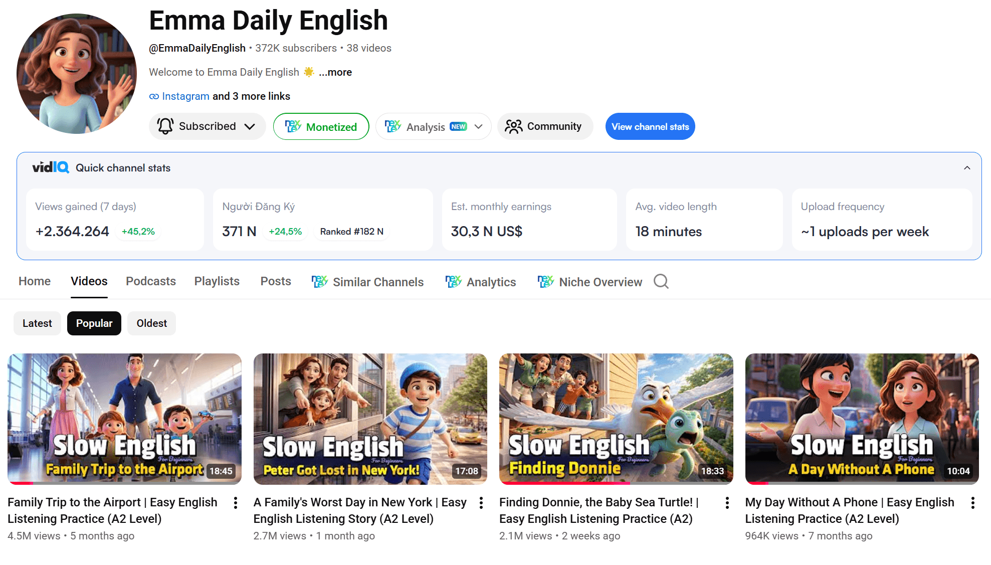 YouTube Channel Emma Daily English — 372K subs, 30.3K USD/tháng